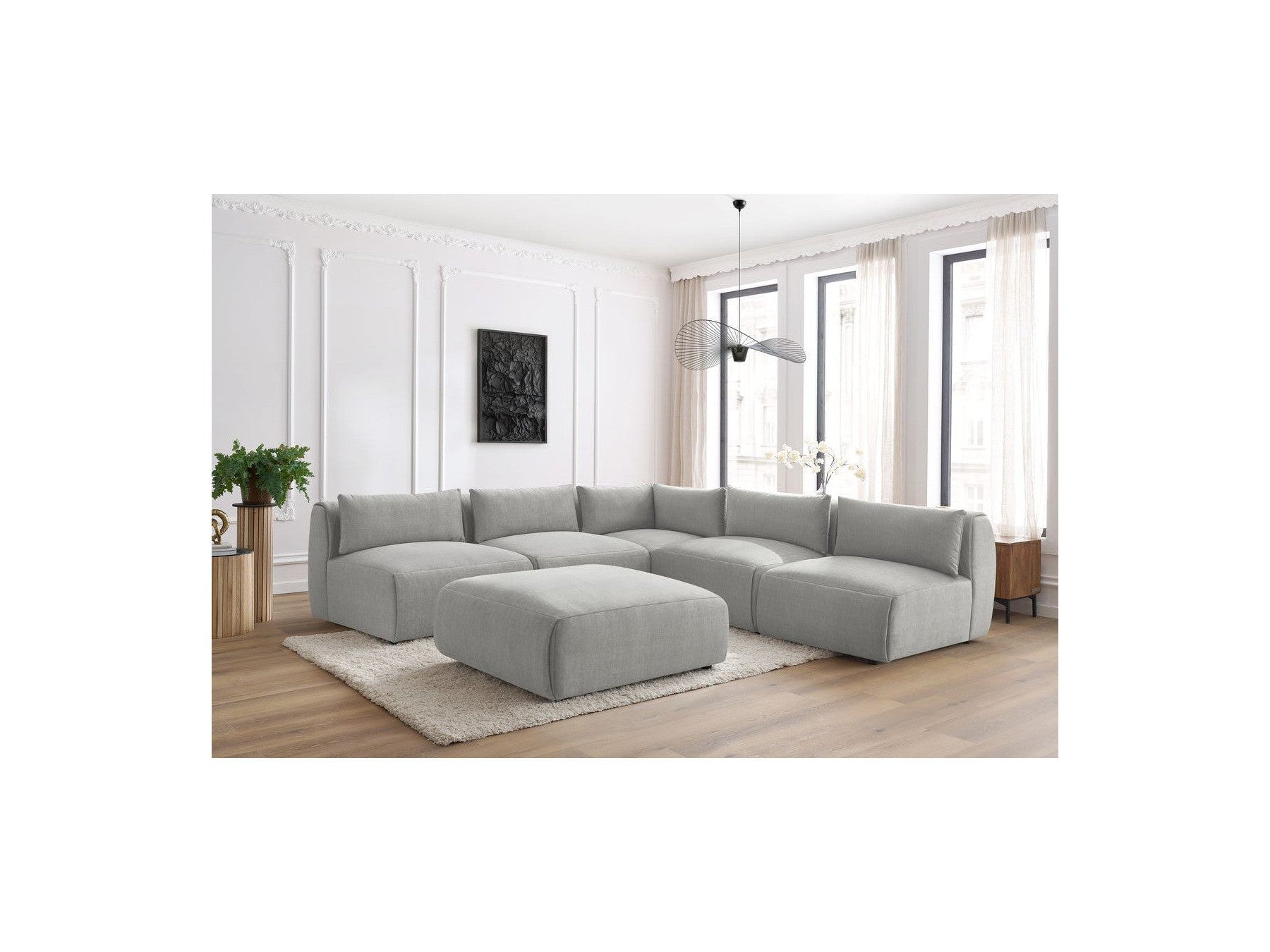 Jeanne - Canapé D'Angle Fixe Modulable - Tissu Velours Avec 4 Chauffeuses, 1 Angle Et 1 Pouf