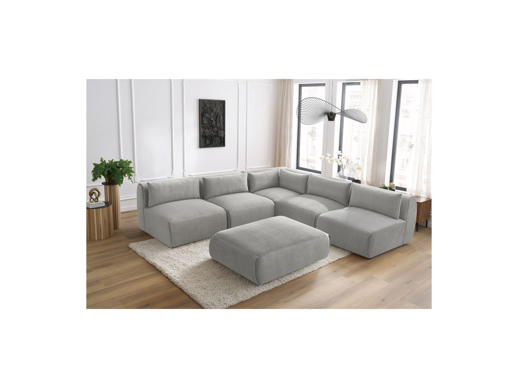 Jeanne - Canapé D'Angle Fixe Modulable - Tissu Velours Avec 4 Chauffeuses, 1 Angle Et 1 Pouf