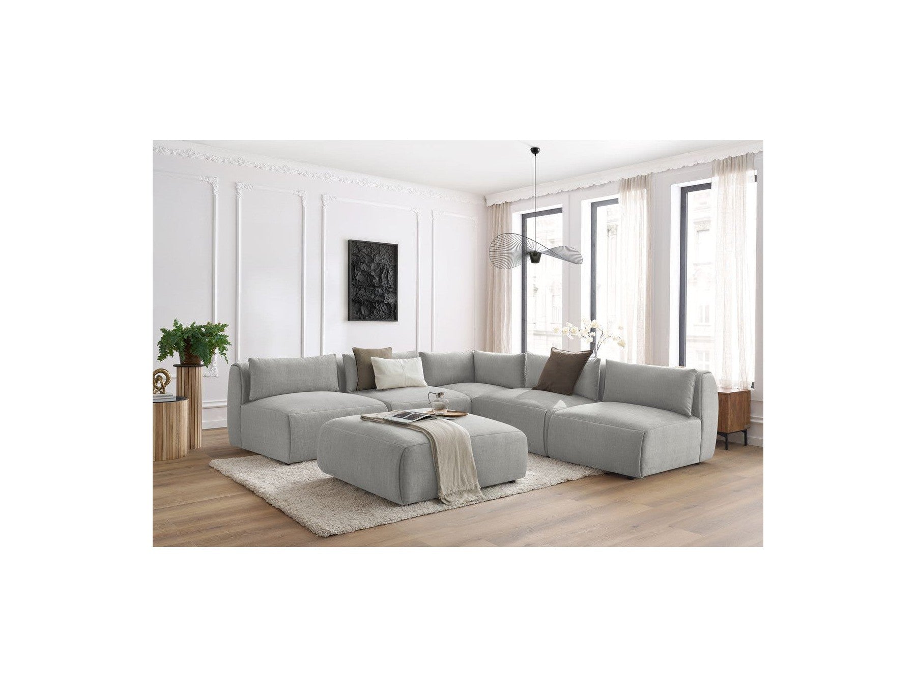 Jeanne - Canapé D'Angle Fixe Modulable - Tissu Velours Avec 4 Chauffeuses, 1 Angle Et 1 Pouf