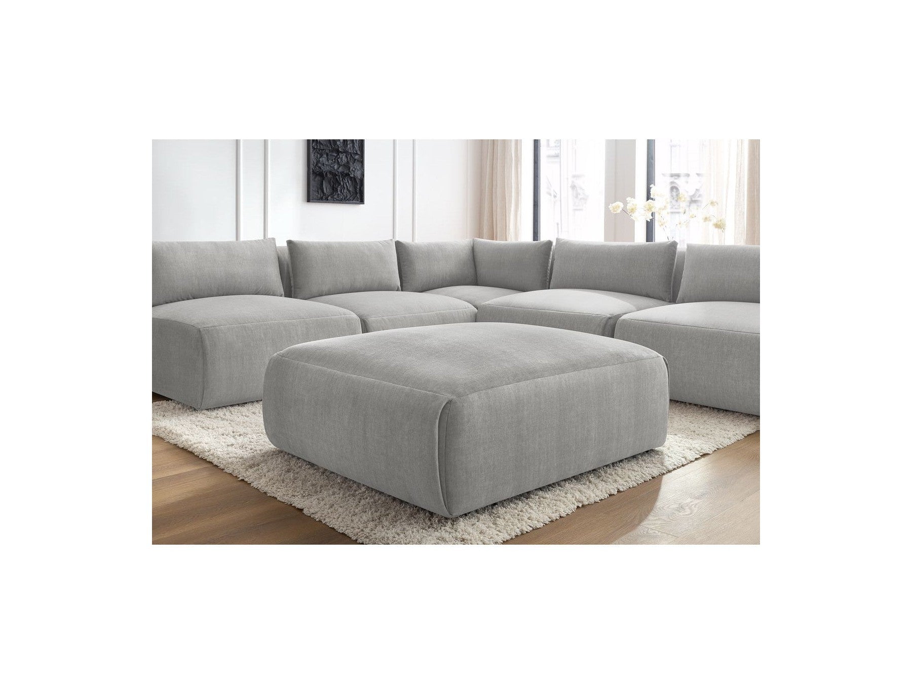 Jeanne - Canapé D'Angle Fixe Modulable - Tissu Velours Avec 4 Chauffeuses, 1 Angle Et 1 Pouf