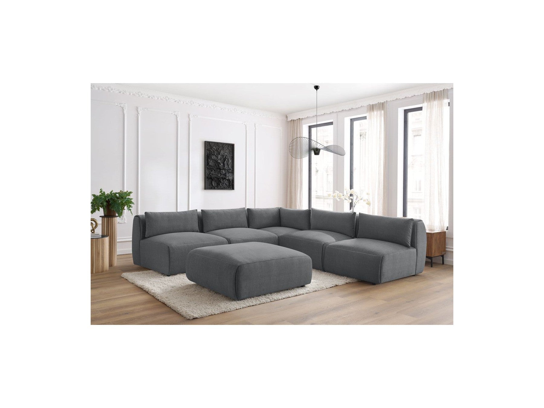 Jeanne - Canapé D'Angle Fixe Modulable - Tissu Velours Avec 4 Chauffeuses, 1 Angle Et 1 Pouf