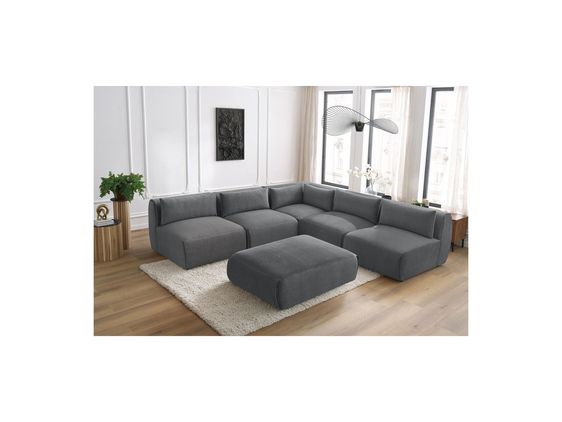 Jeanne - Canapé D'Angle Fixe Modulable - Tissu Velours Avec 4 Chauffeuses, 1 Angle Et 1 Pouf
