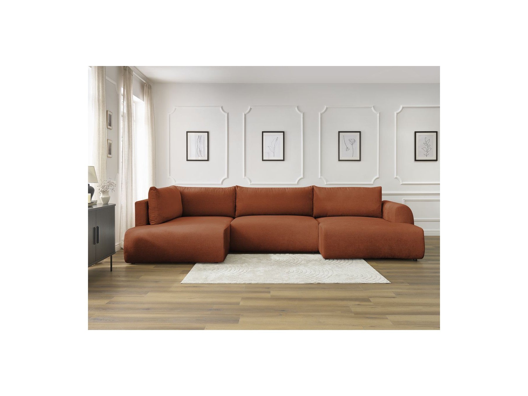 Lucien - Canapé Panoramique Convertible Coffre - Tissu Lisse - Angle Droit