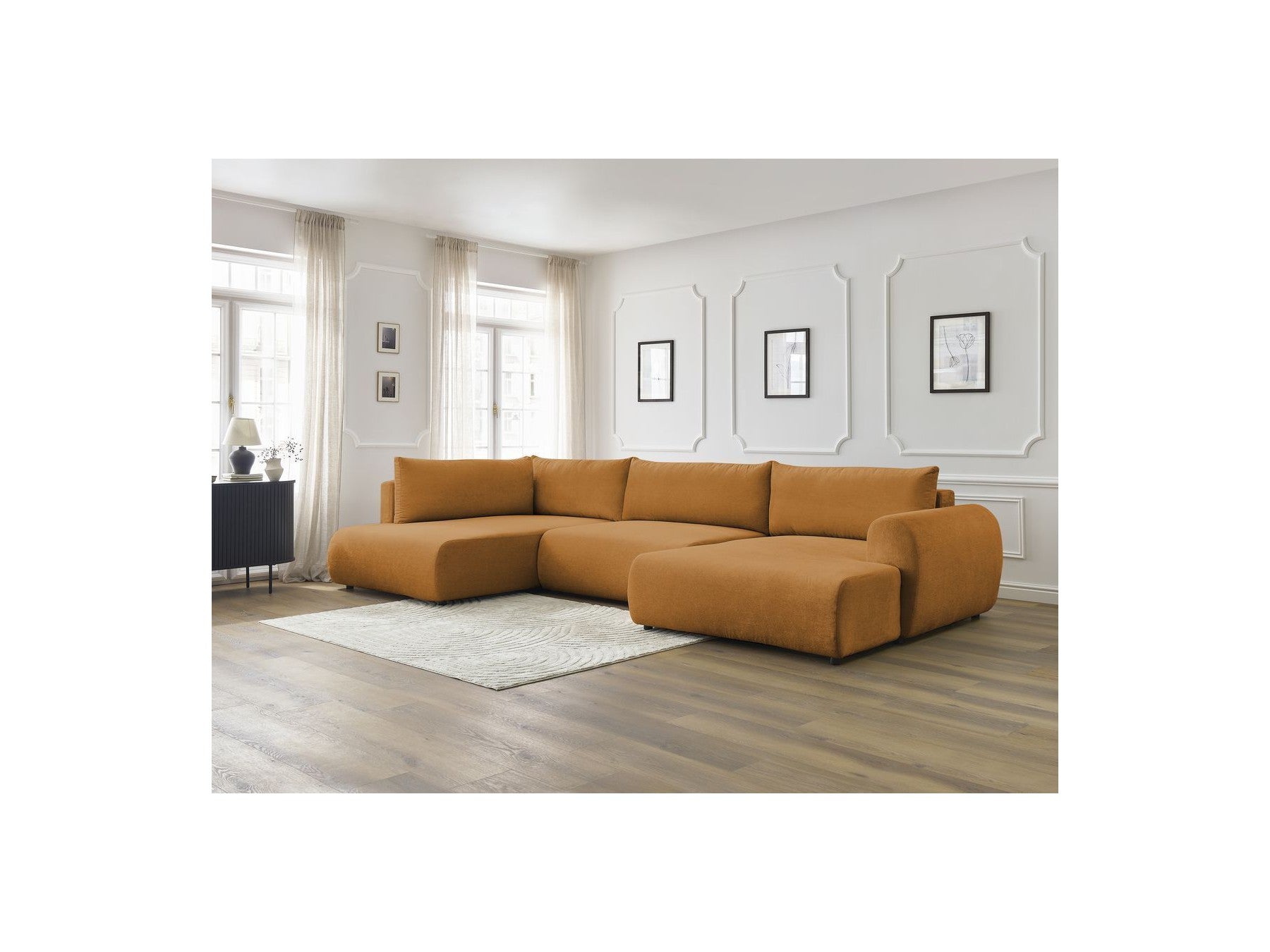 Lucien - Canapé Panoramique Convertible Coffre - Tissu Lisse - Angle Droit