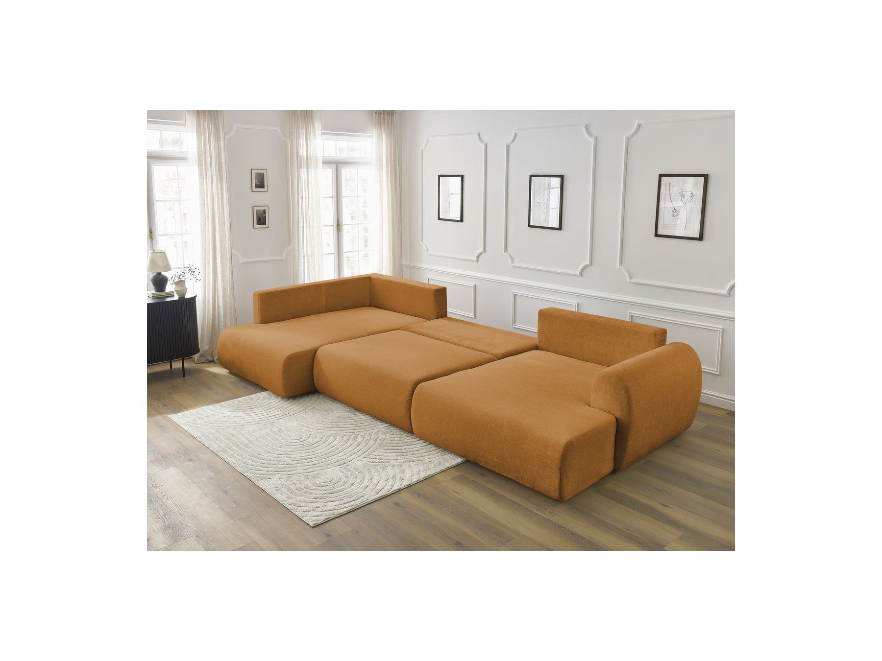 Lucien - Canapé Panoramique Convertible Coffre - Tissu Lisse - Angle Droit