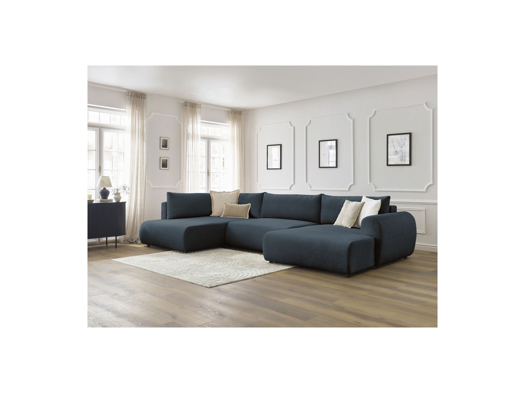 Lucien - Canapé Panoramique Convertible Coffre - Tissu Lisse - Angle Droit