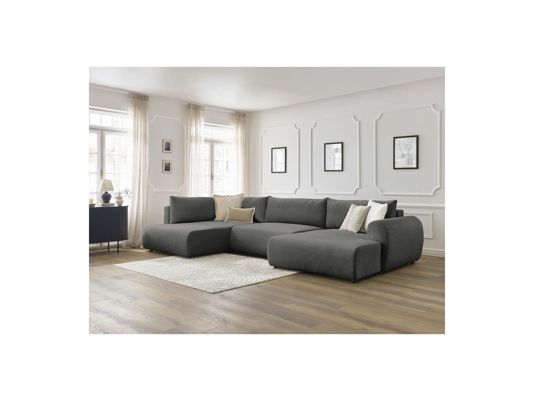 Lucien - Canapé Panoramique Convertible Coffre - Tissu Lisse - Angle Droit