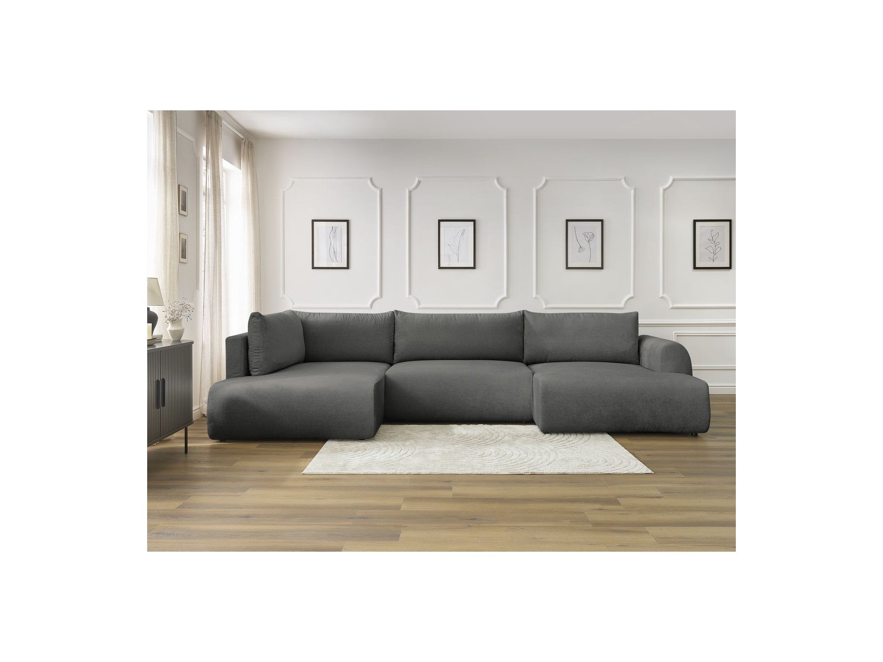 Lucien - Canapé Panoramique Convertible Coffre - Tissu Lisse - Angle Droit