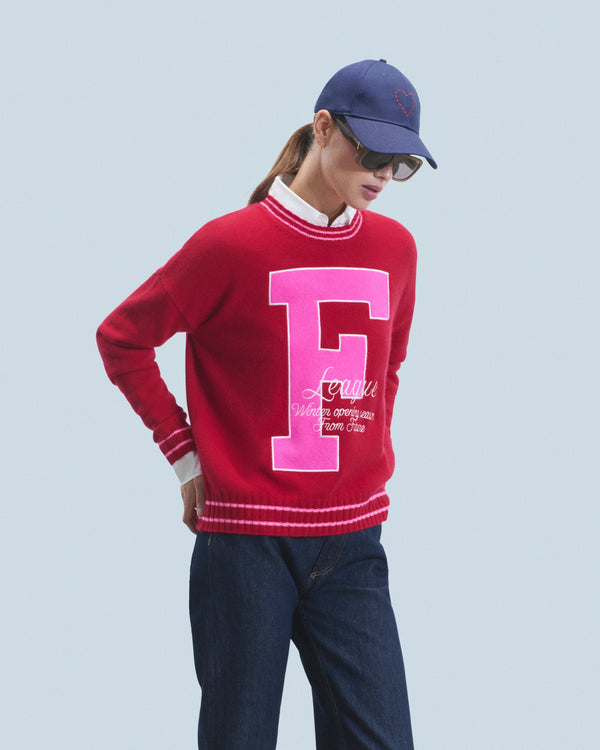 F Round Neck Sweater - Dark Red - 100% Cashmere - Women