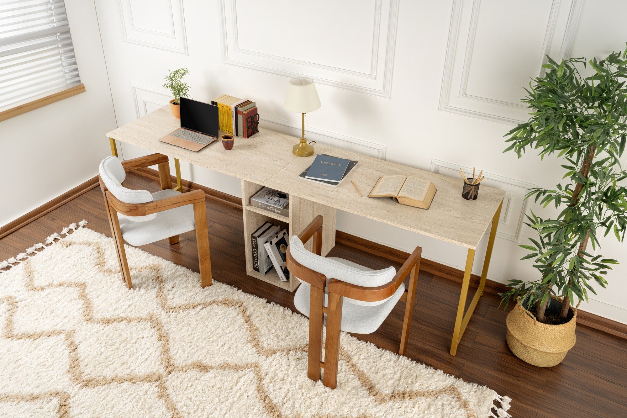 Twin Study Desk - Escritorio - Travertine/Dorado