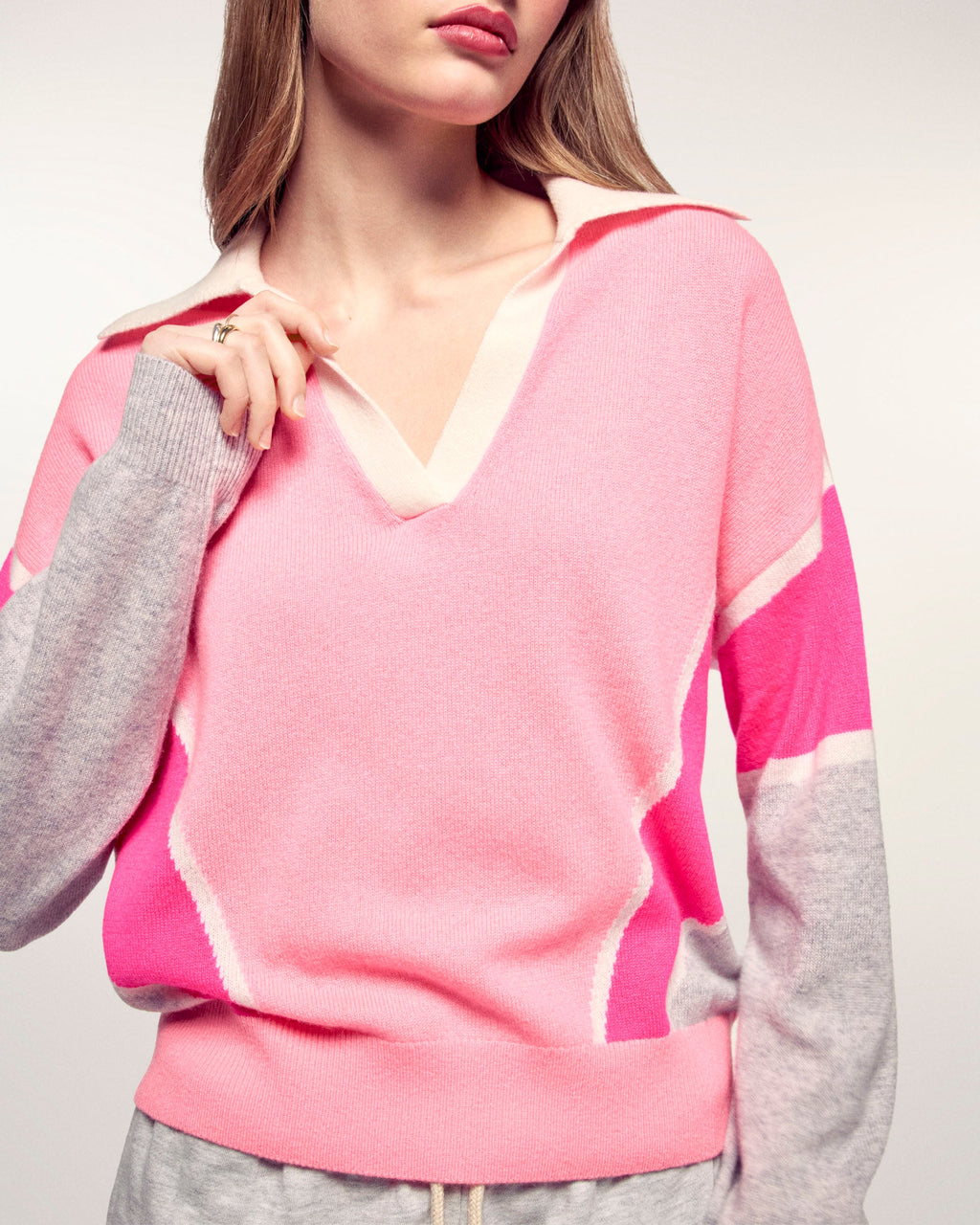 Color Block Polo Collar Sweater