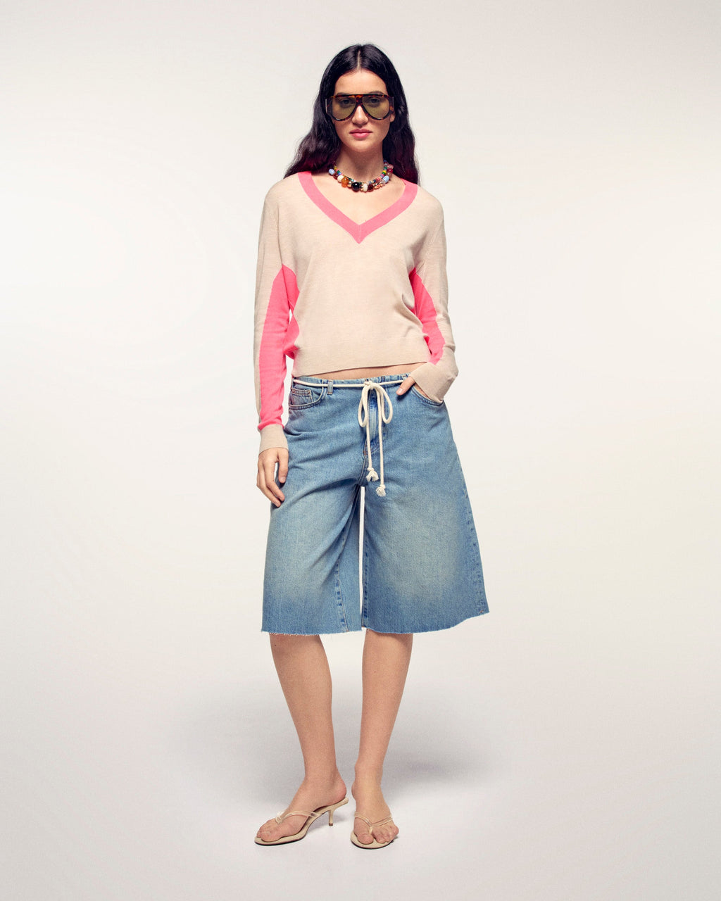 Jersey Con Cuello En V Y Rayas En Contraste - Beige Jaspeado