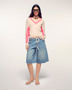Jersey Con Cuello En V Y Rayas En Contraste - Beige Jaspeado