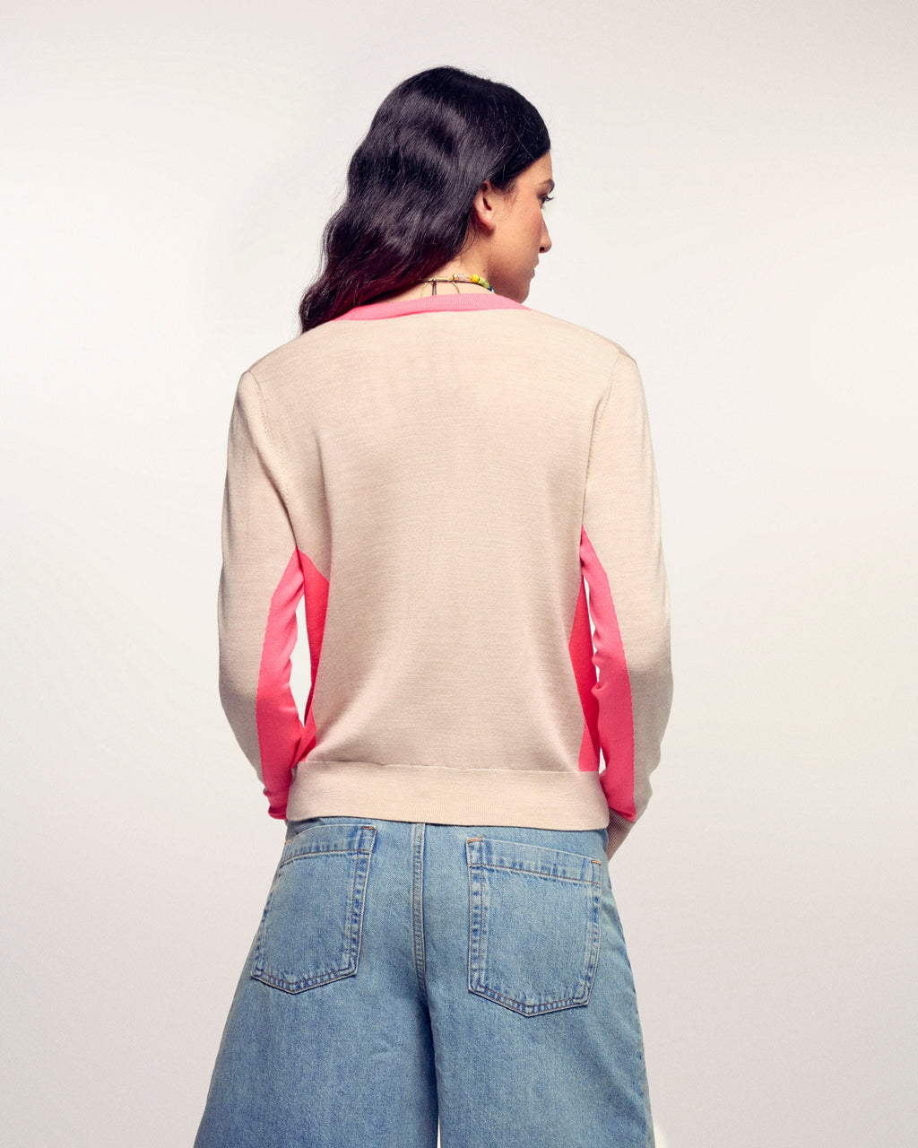 Jersey Con Cuello En V Y Rayas En Contraste - Beige Jaspeado