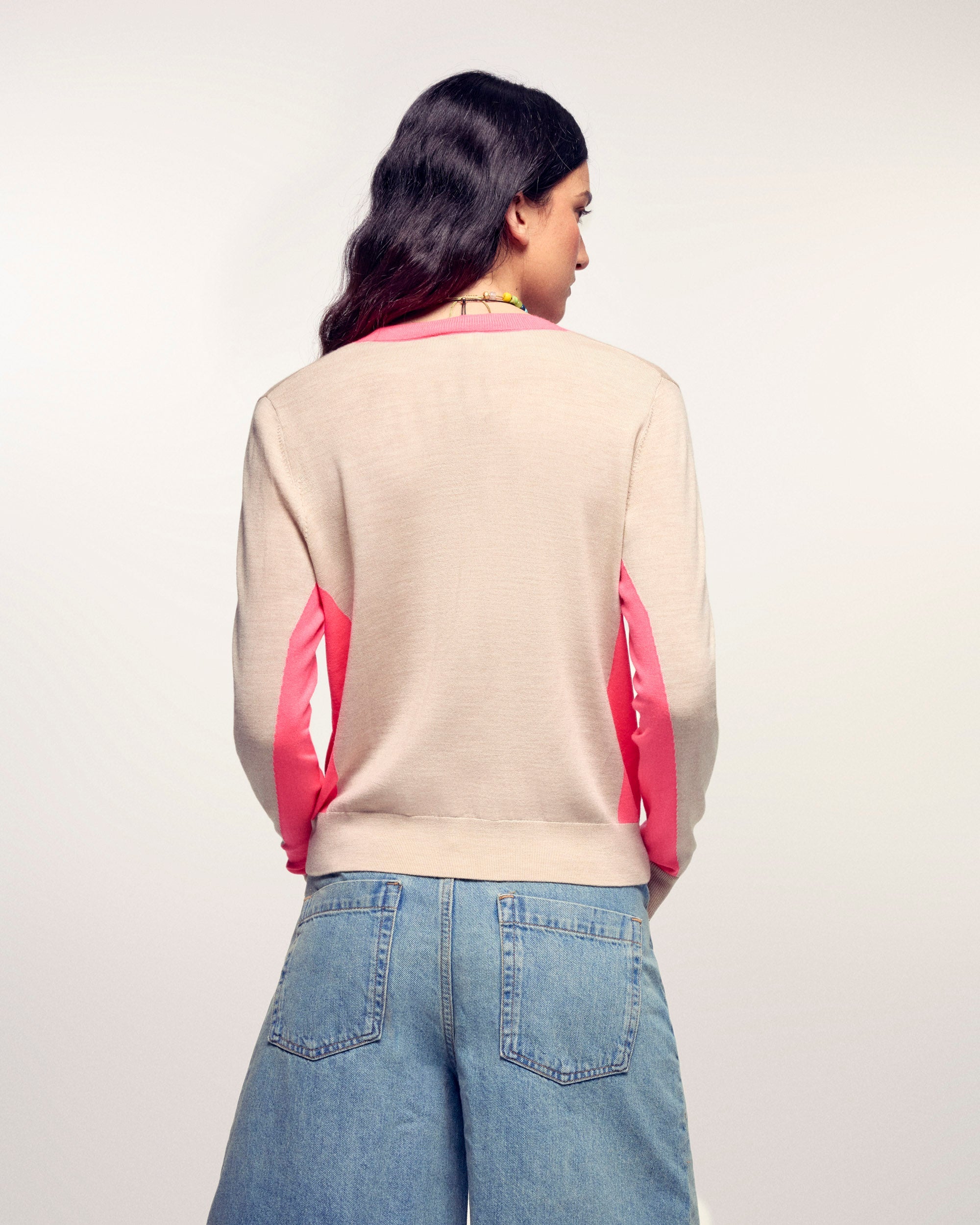Jersey Con Cuello En V Y Rayas En Contraste - Beige Jaspeado