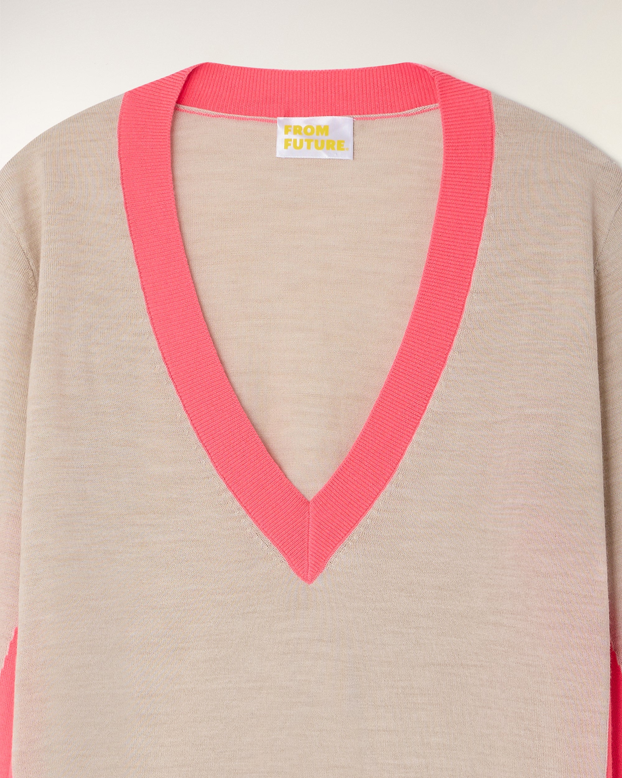 Jersey Con Cuello En V Y Rayas En Contraste - Beige Jaspeado