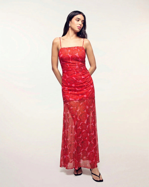 Vestido largo de tirantes bimateria - Solar Roses