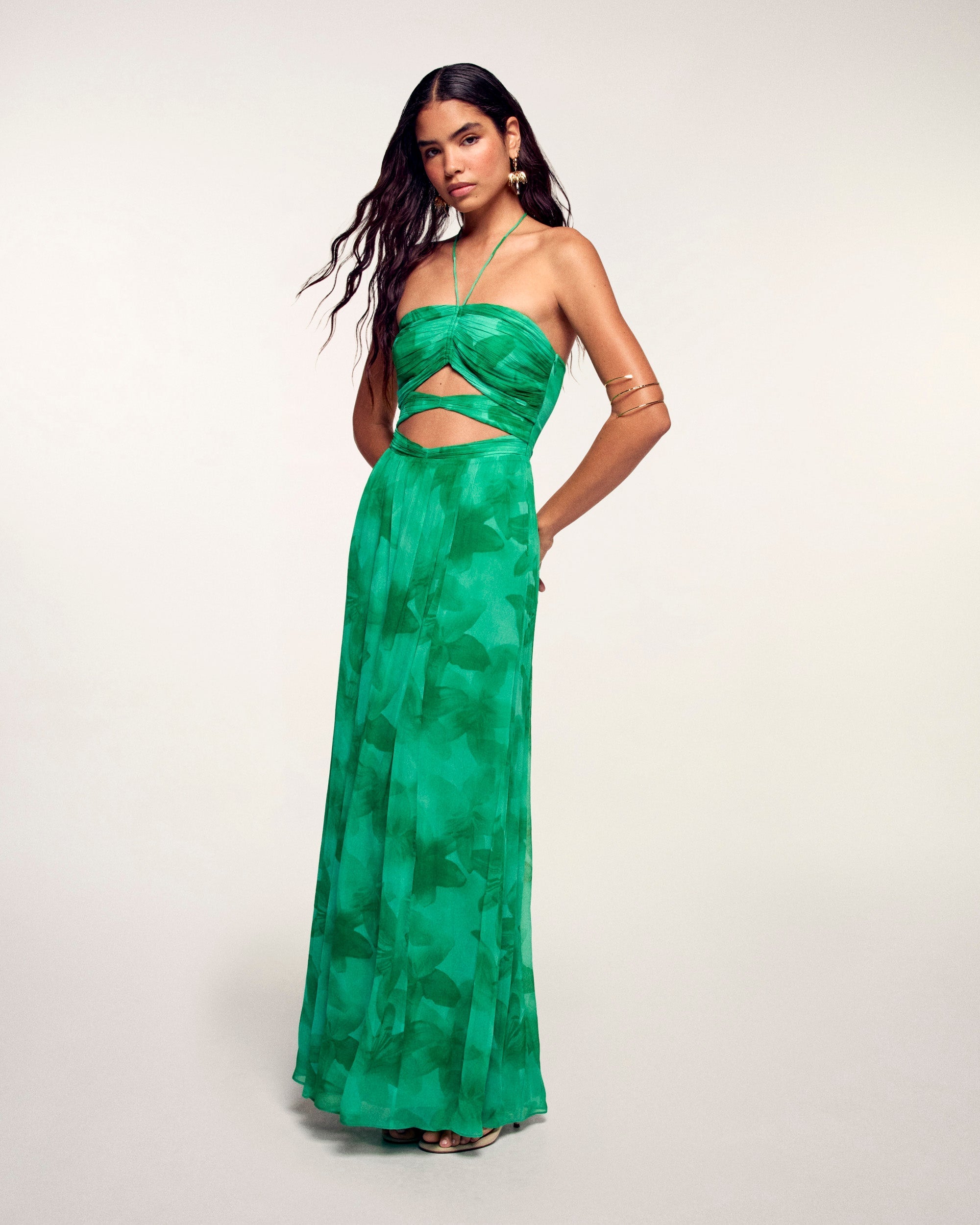 Vestido Largo con Aberturas Fruncidas - Green Bloom Lily