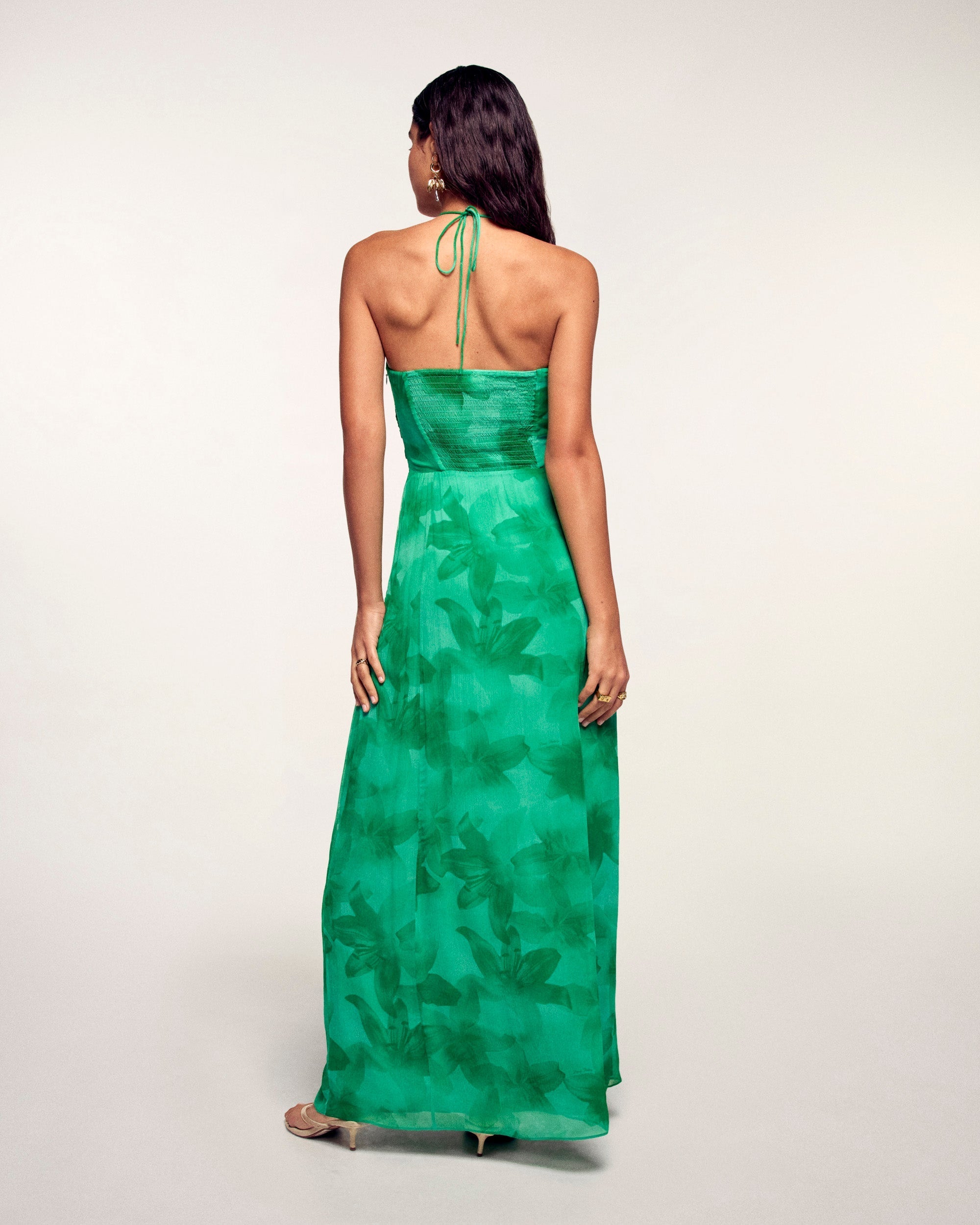 Vestido Largo con Aberturas Fruncidas - Green Bloom Lily