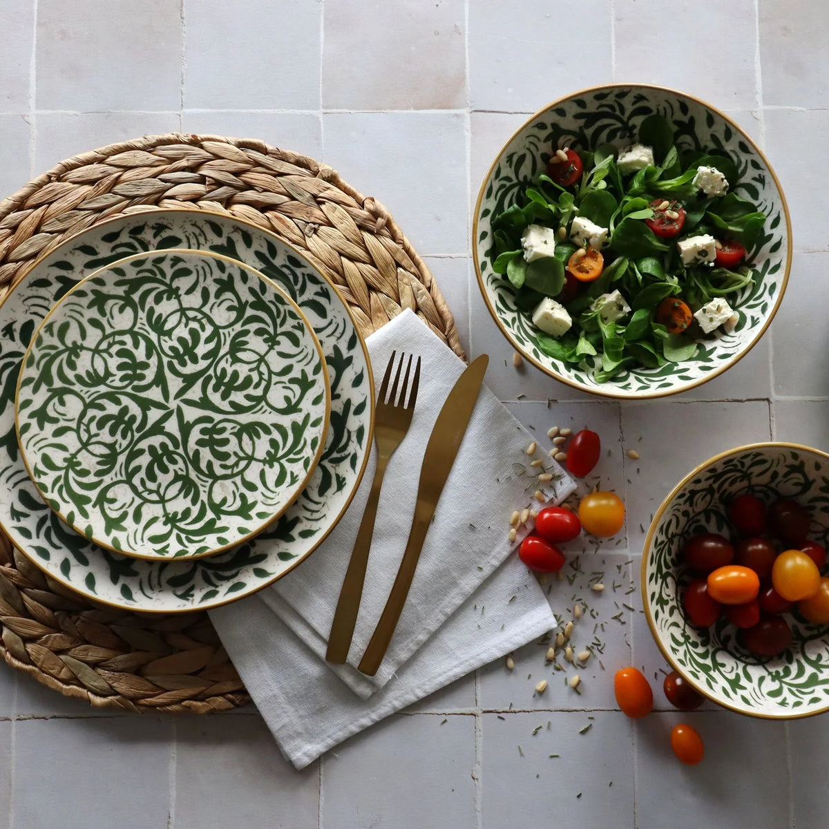 Héraclée – 6er-Set Dessertteller – 19 cm – Steinzeug – Grünes Dekor