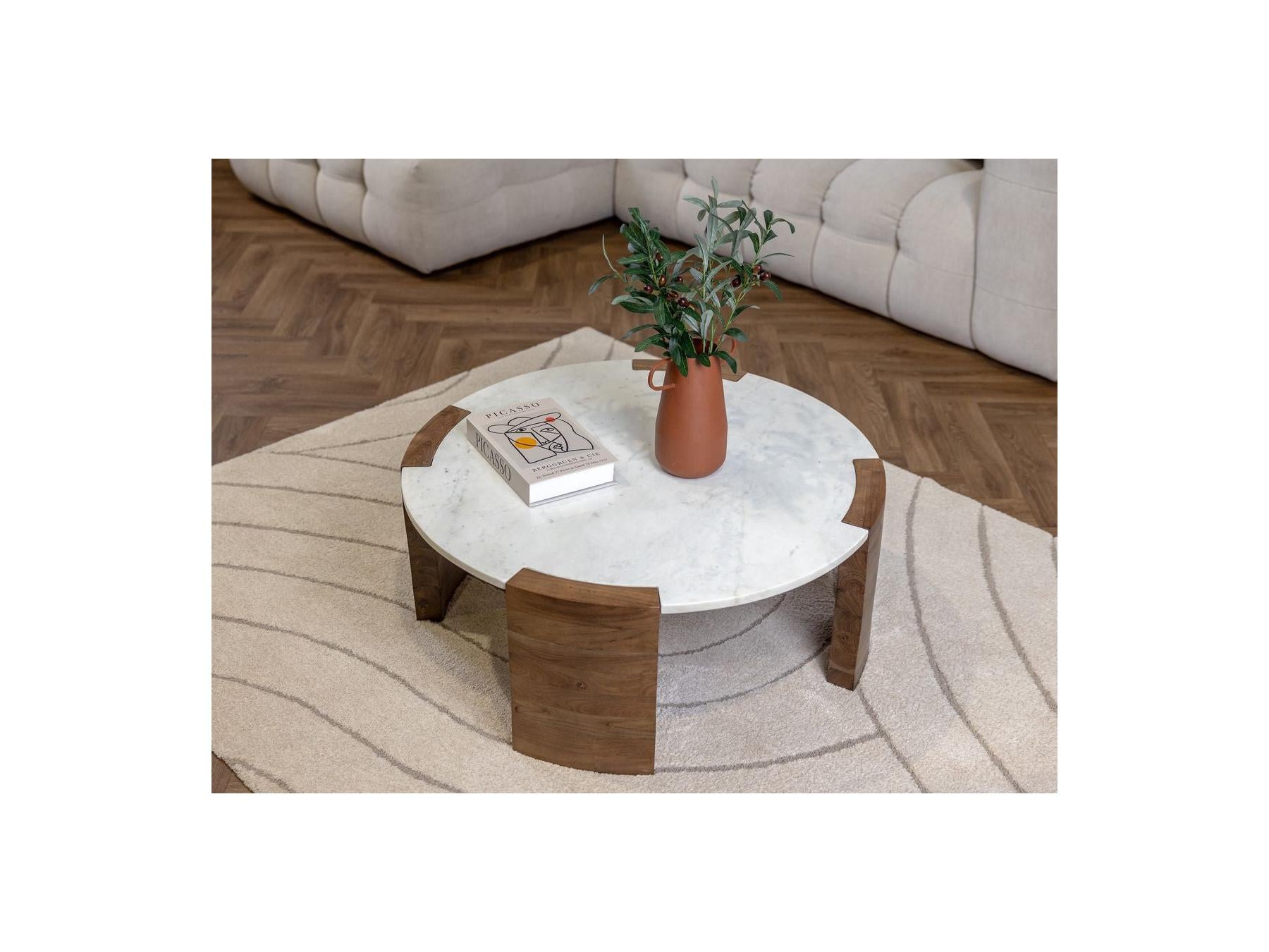Torvi - Table Basse Ronde - Plateau Marbre Et Pieds Bois Massif D'Acacia