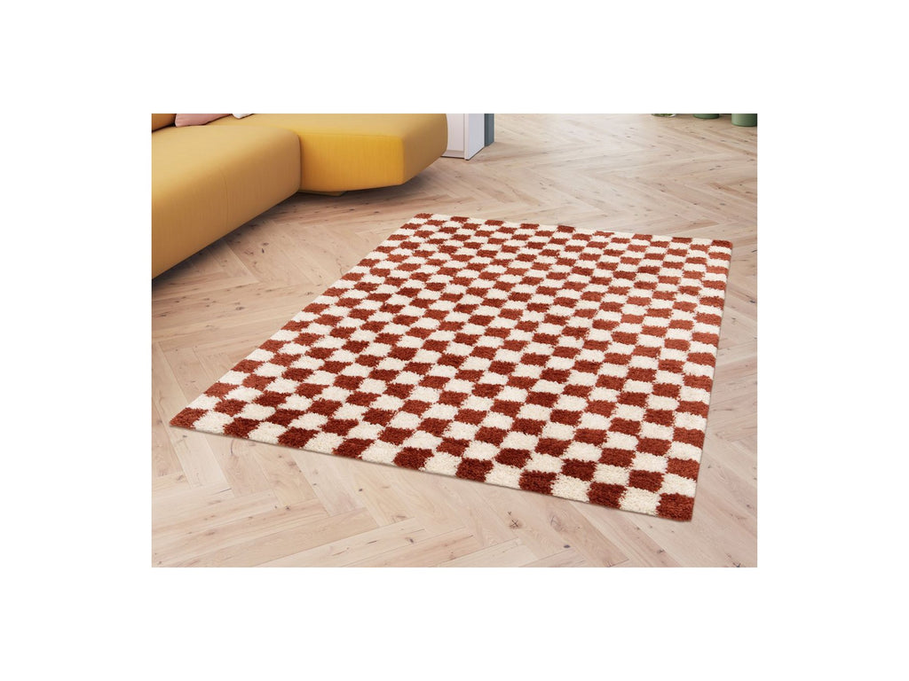 Damien - Tapis Poils Longs - Motif Damier - Orange