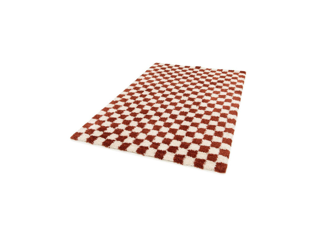 Damien - Tapis Poils Longs - Motif Damier - Orange
