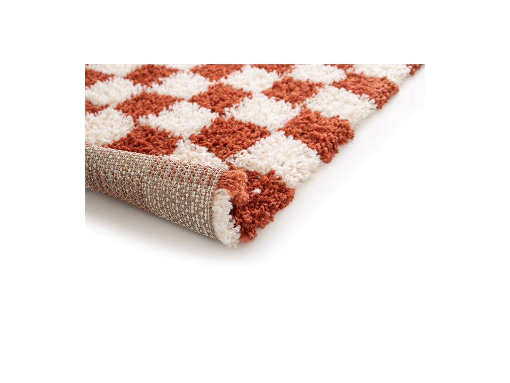 Damien - Tapis Poils Longs - Motif Damier - Orange