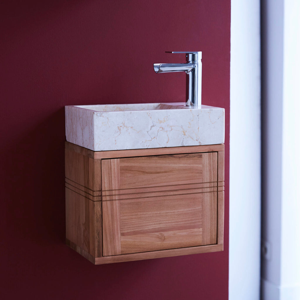 Basic - Meuble Lave Main - Teck Massif Et Marbre - Beige