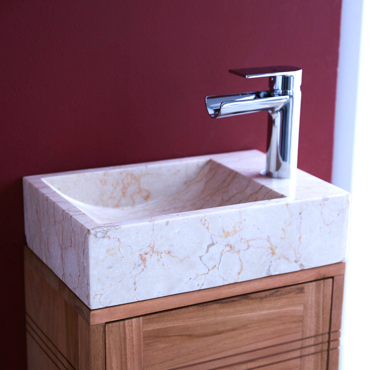 Basic - Meuble Lave Main - Teck Massif Et Marbre - Beige