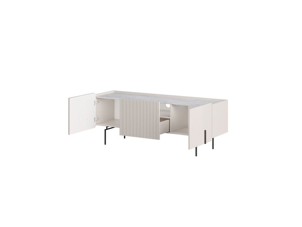 Mueble de TV 3 puertas con tablero - Mathilde - Efecto mármol y patas negras