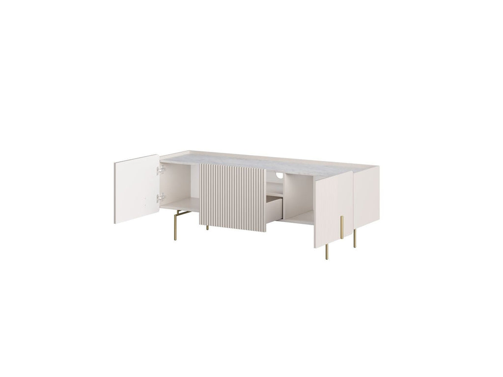 Mathilde - Mueble de TV de 3 puertas - Encimera efecto mármol y patas doradas