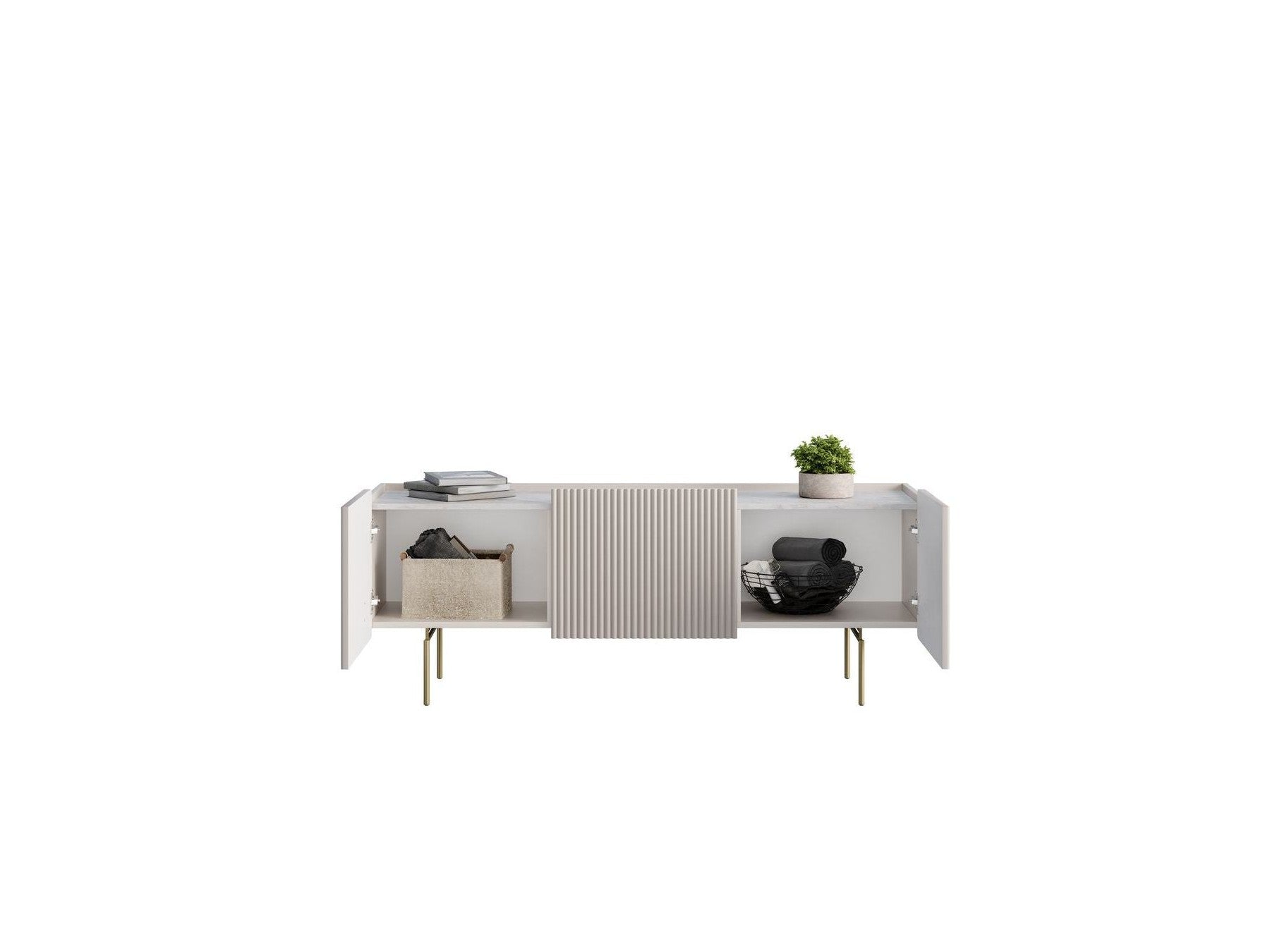 Mathilde - Mueble de TV de 3 puertas - Encimera efecto mármol y patas doradas