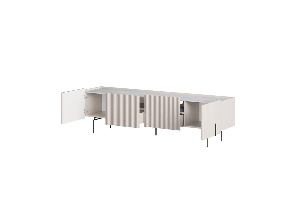 Mathilde - Mueble de TV 4 puertas con tablero efecto mármol y patas negras