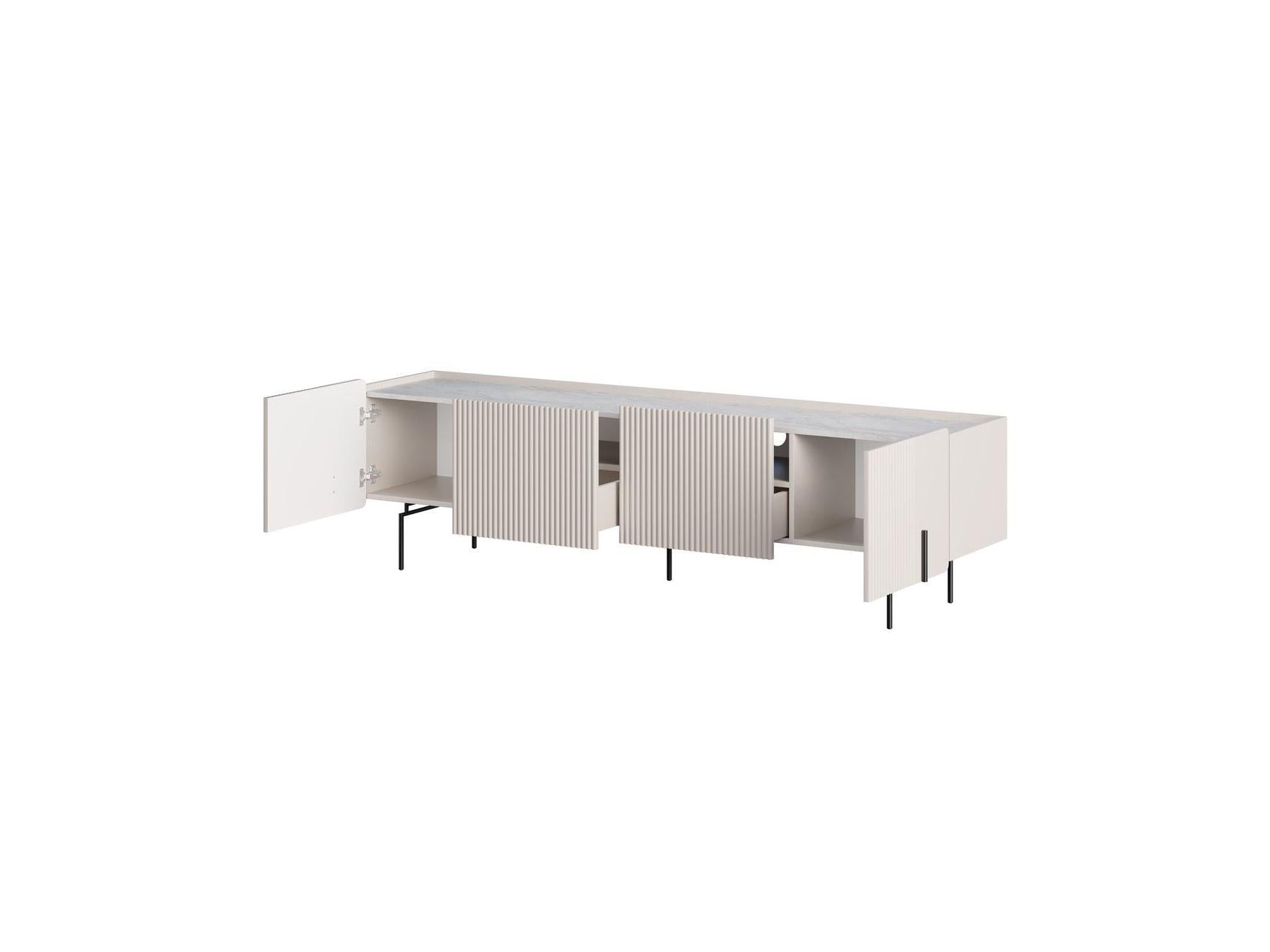 Mathilde - Mueble de TV 4 puertas con tablero efecto mármol y patas negras