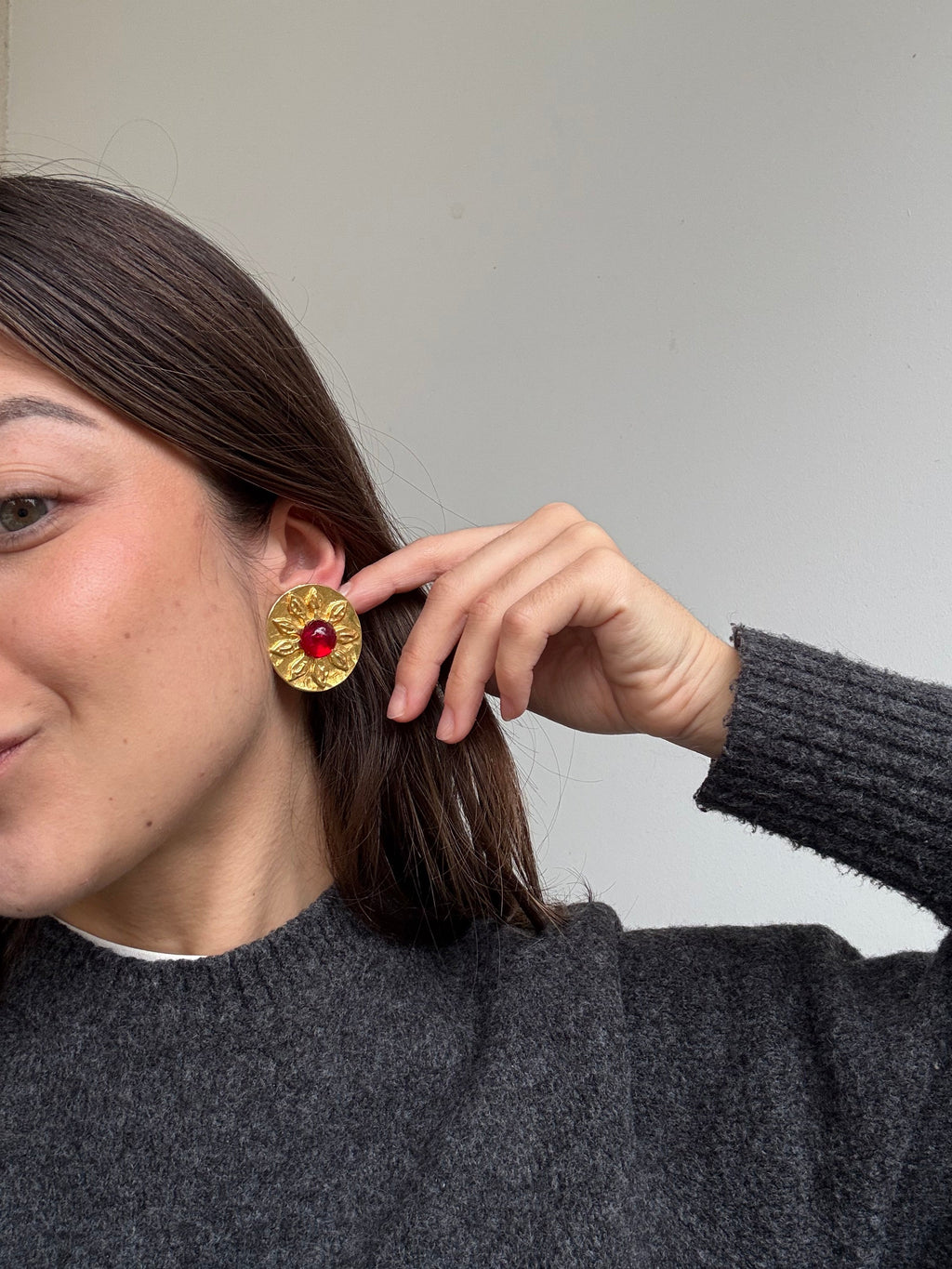 Vintage Carita Earrings - Golden Flowers and Red Cabochon