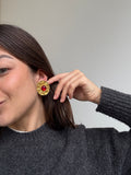 Vintage Carita Earrings - Golden Flowers and Red Cabochon
