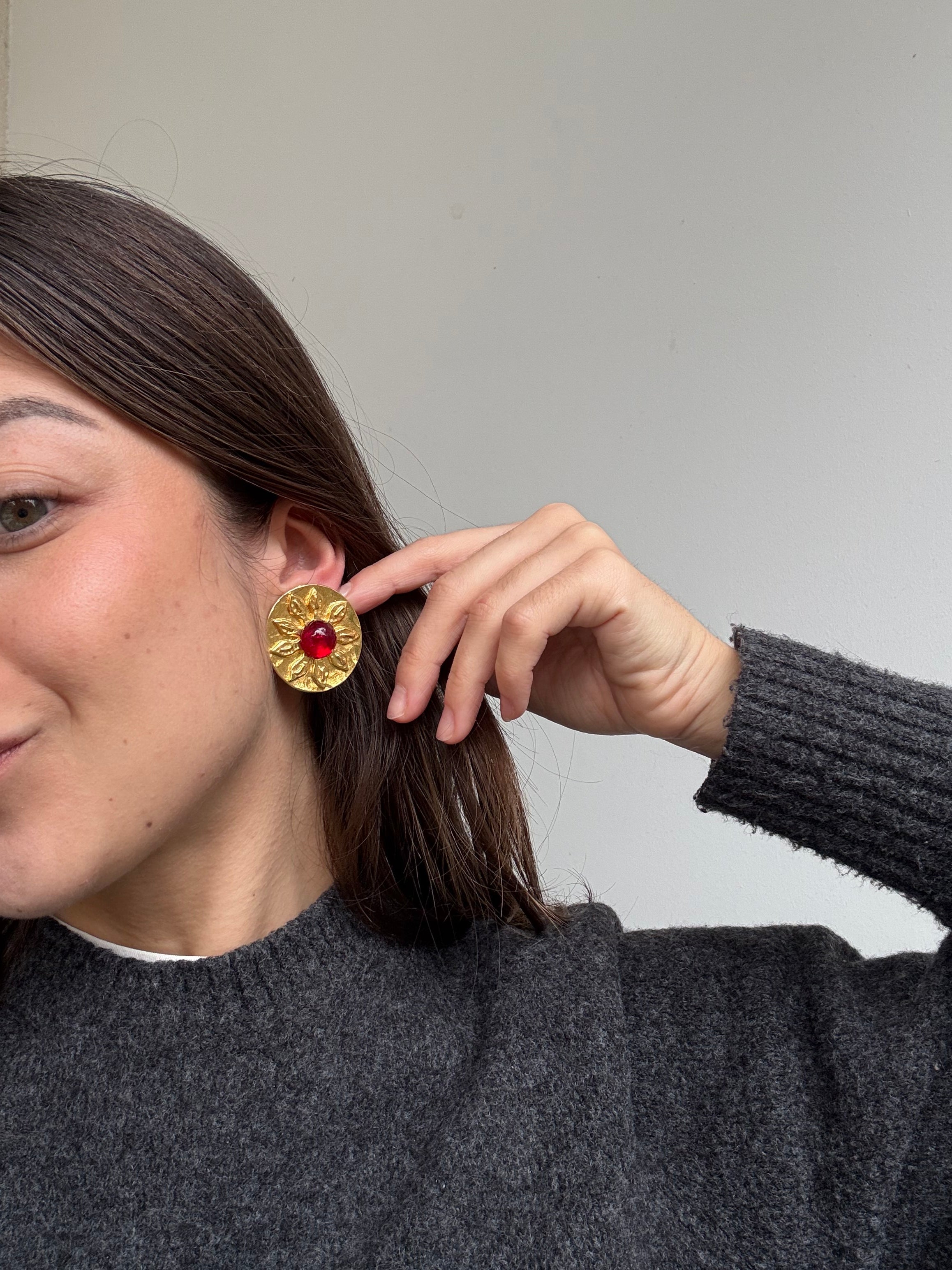 Vintage Carita Earrings - Golden Flowers and Red Cabochon