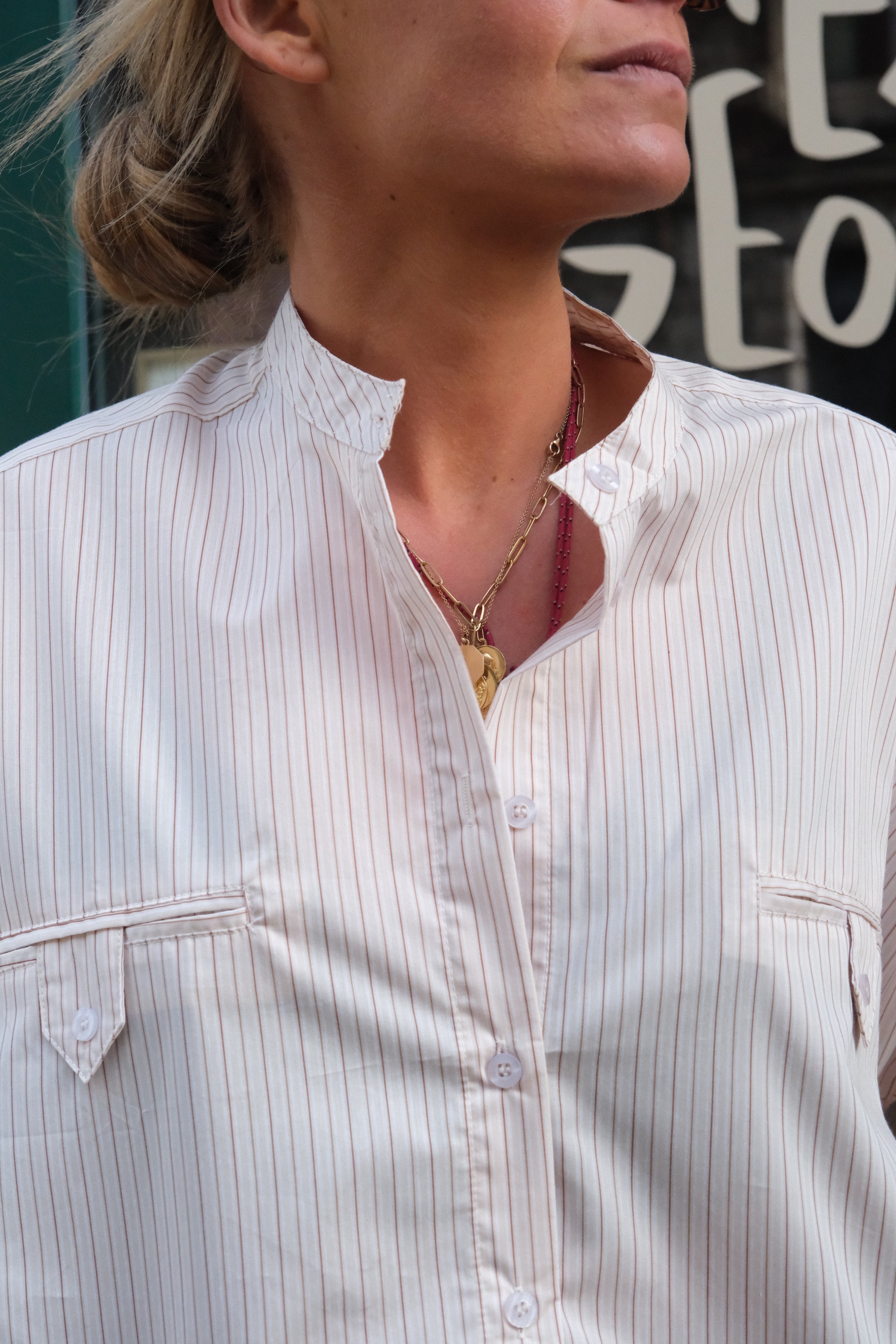 Astrid Mandarin Collar Blouse Beige Stripe