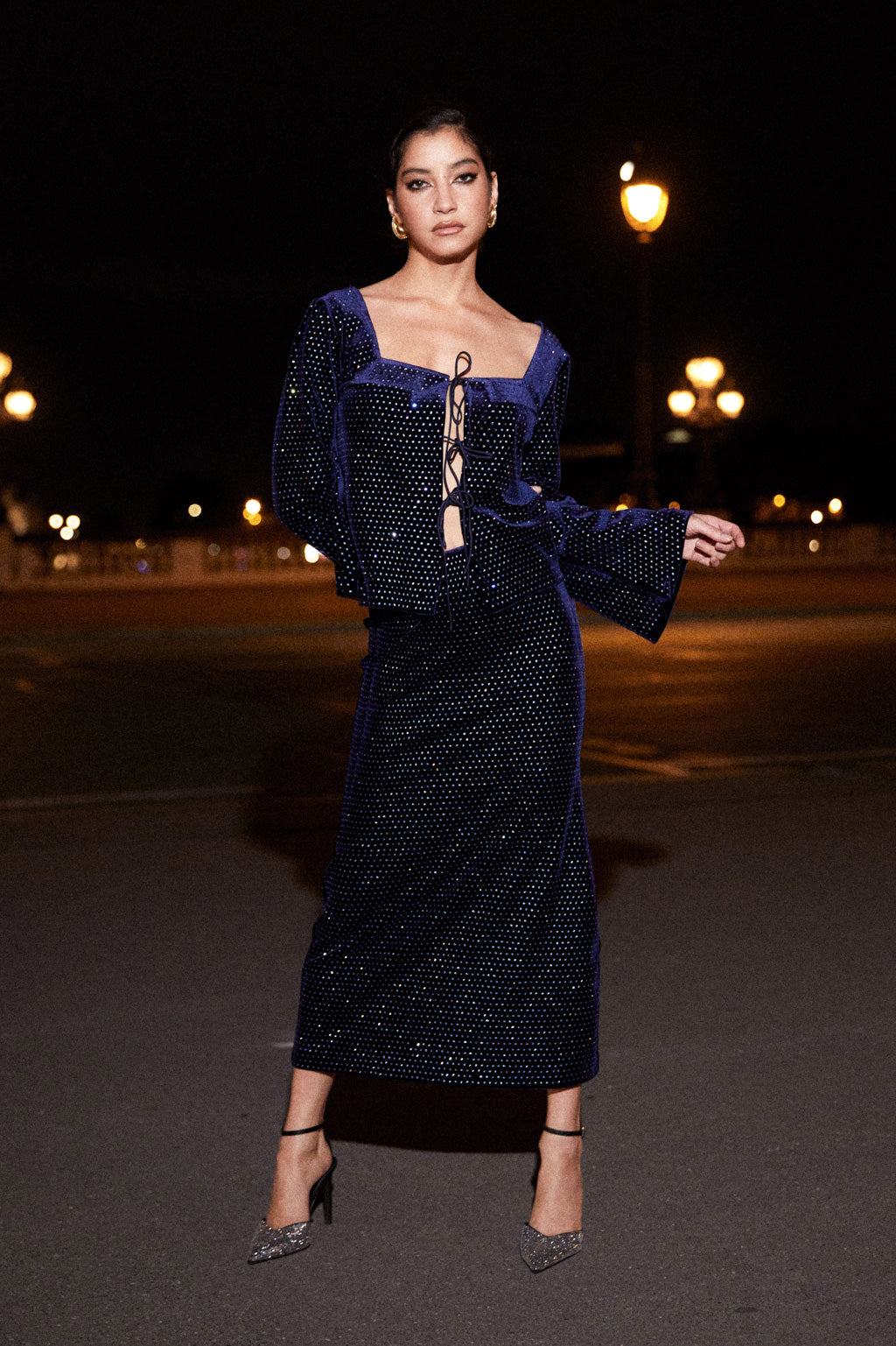 Jupe Midi En Velours À Cristaux - Bleu Palace