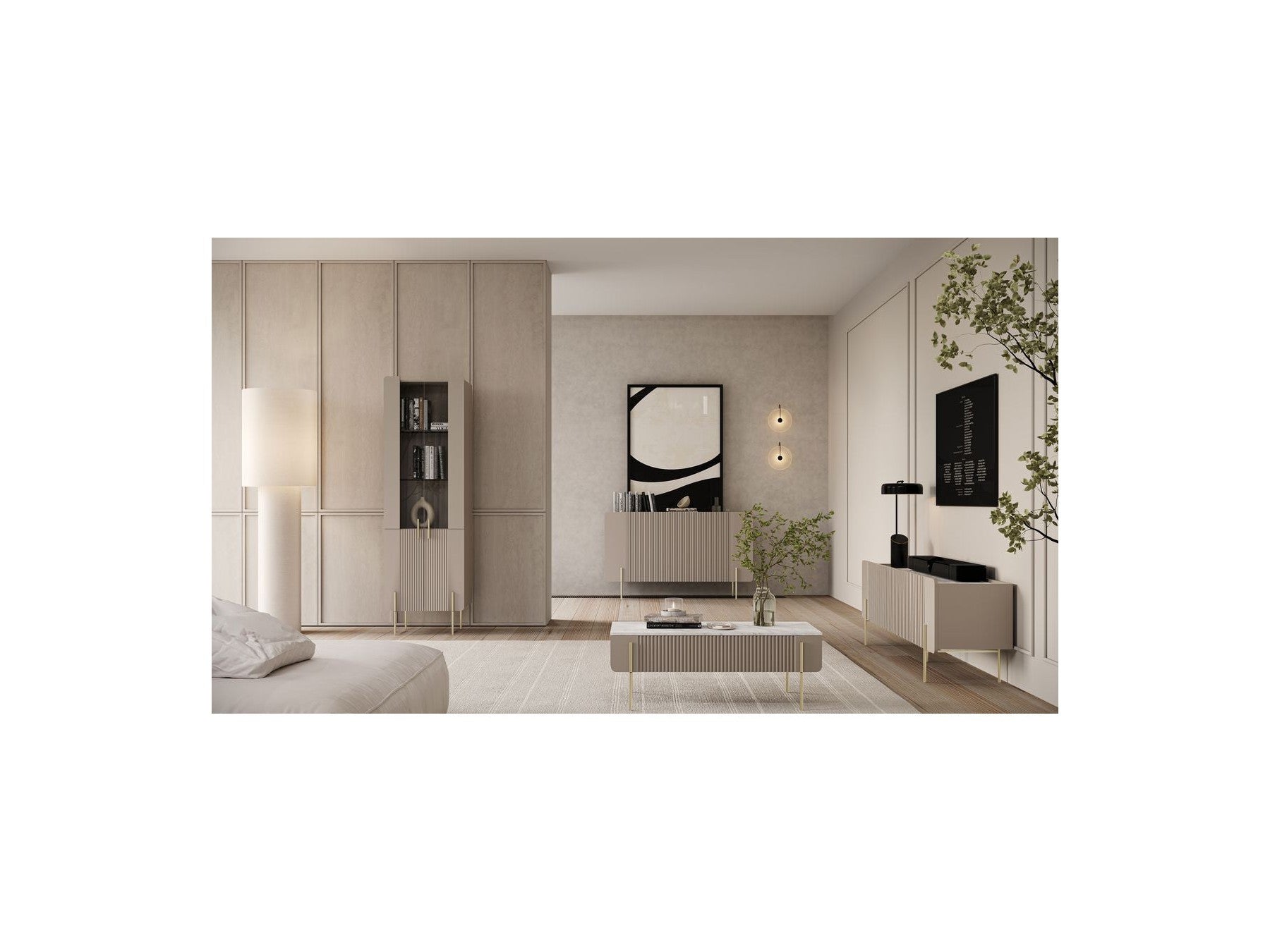 Mathilde - Mueble de TV de 3 puertas - Encimera efecto mármol y patas doradas