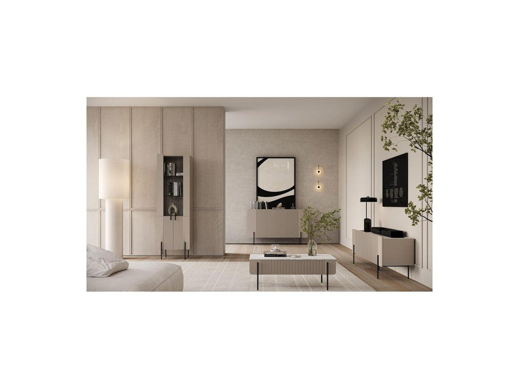 Mathilde - Mueble de TV 4 puertas con tablero efecto mármol y patas negras
