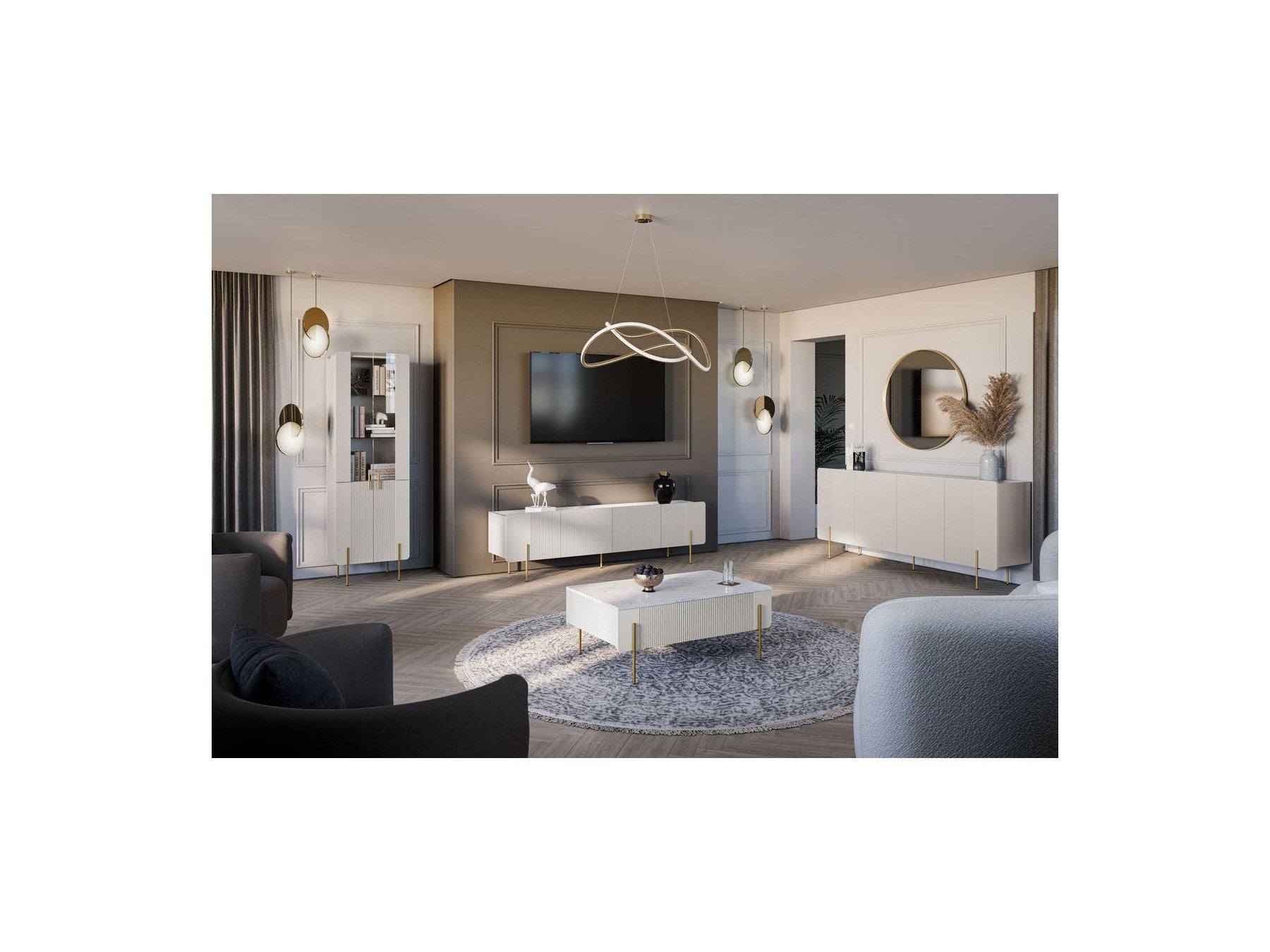 Mathilde - Buffet 4 Portes Plateau Effet Marbre - Pieds Or