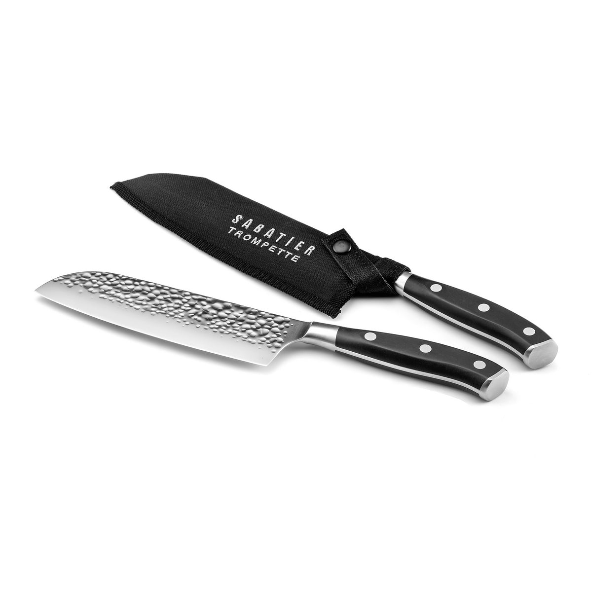 Carbon - Cuchillo Santoku martillado con protector de hoja - 18 cm