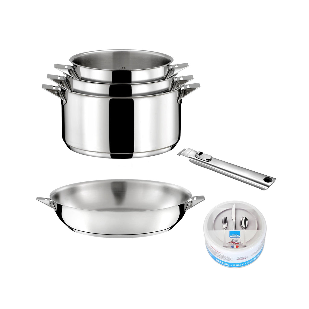 Eclipse - Lot 6 Pièces - 3 Casseroles 16/18/20cm + 1 Poêle 24cm Inox + 1 Poignée Amovible + 1 Pierre D'Argent