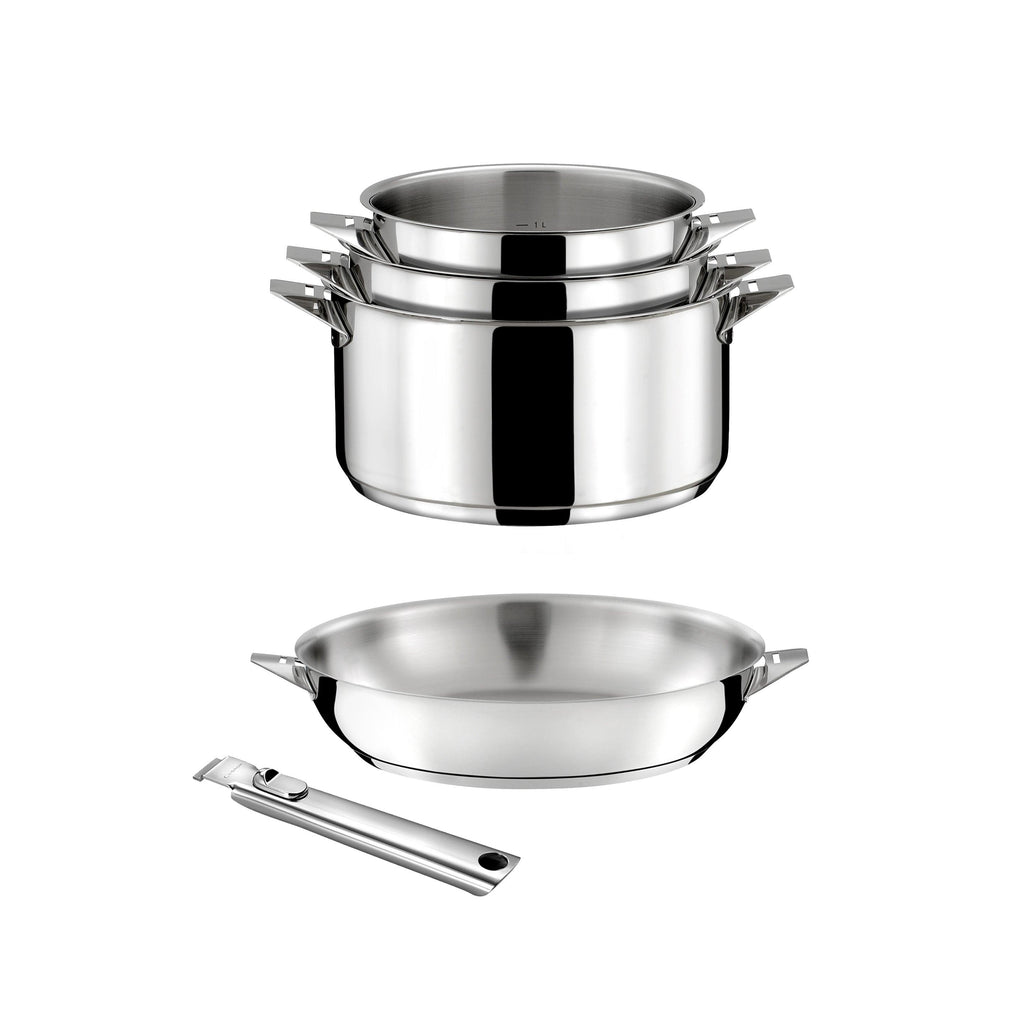 Eclipse - Lot 6 Pièces - 3 Casseroles 16/18/20cm + 1 Poêle 24cm Inox + 1 Poignée Amovible + 1 Pierre D'Argent
