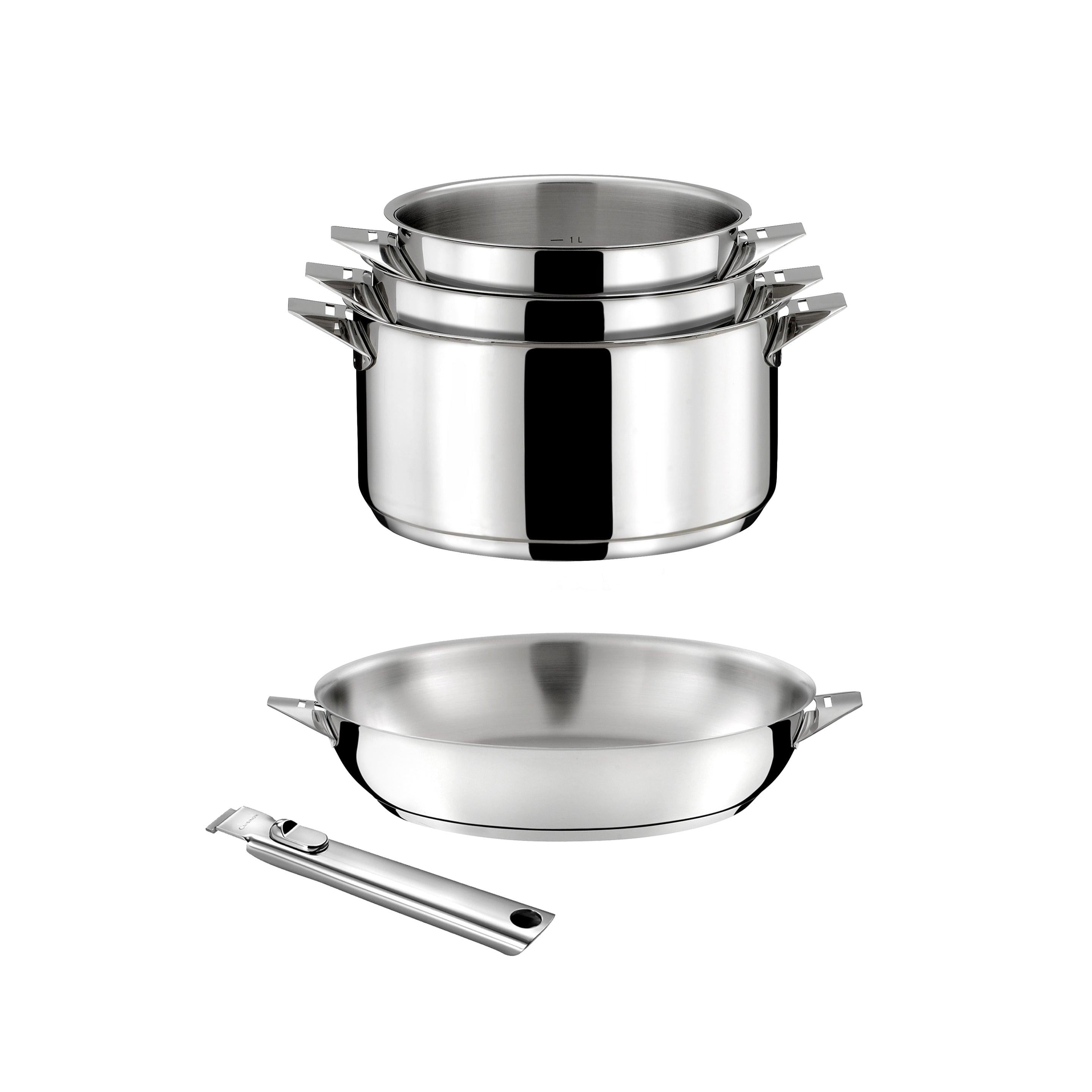 Eclipse - Lot 6 Pièces - 3 Casseroles 16/18/20cm + 1 Poêle 24cm Inox + 1 Poignée Amovible + 1 Pierre D'Argent