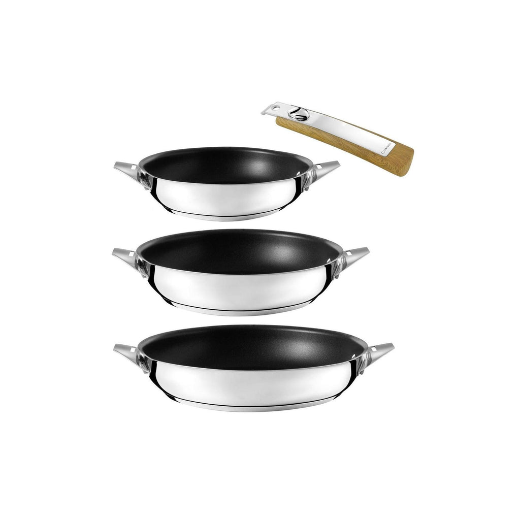 Eclipse - Set of 3 Frying Pans 20-24-28cm Ceramic Coating and Removable Handle - Light Wood