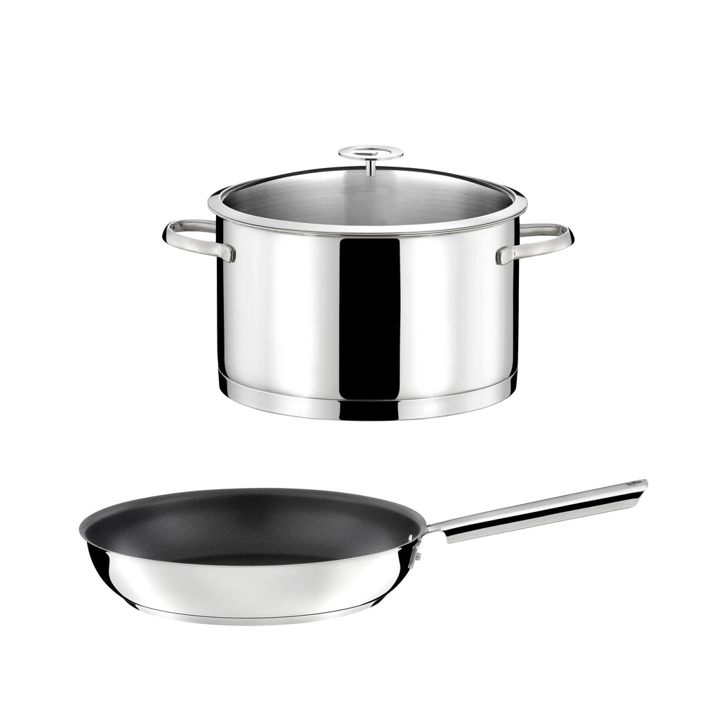 Elysée - 1 Faitout Inox 24cm + Couvercle + 1 Poêle 28cm Revêtement Céramique