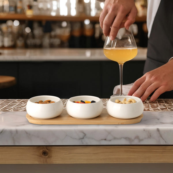 Tapas - Set De 3 Coupelles Apéritives En Céramique Avec Plateau En Bambou - Céramique/Bambou - Blanc/Bois Clair